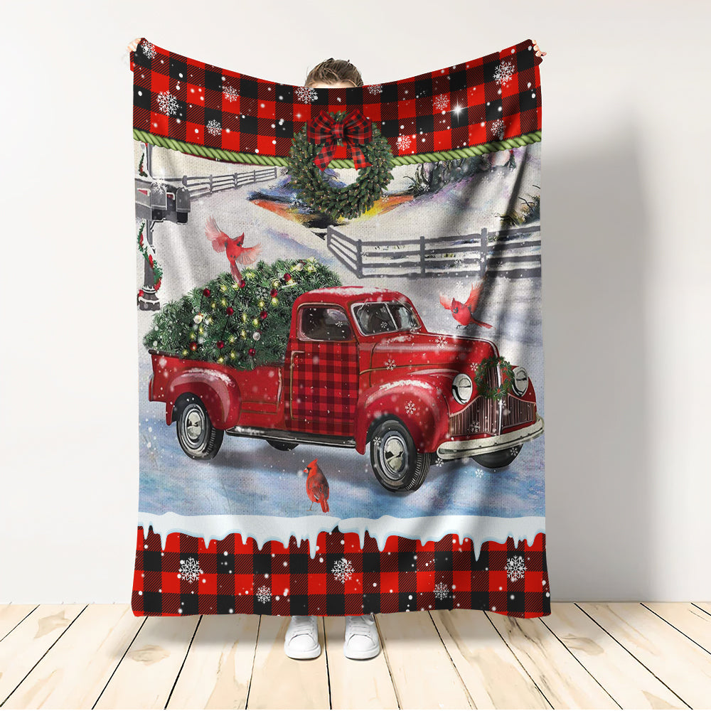 Cardinal Tartan Red Truck Snowy Day Flannel Blanket For Cozy Bedroom Sofa Decor