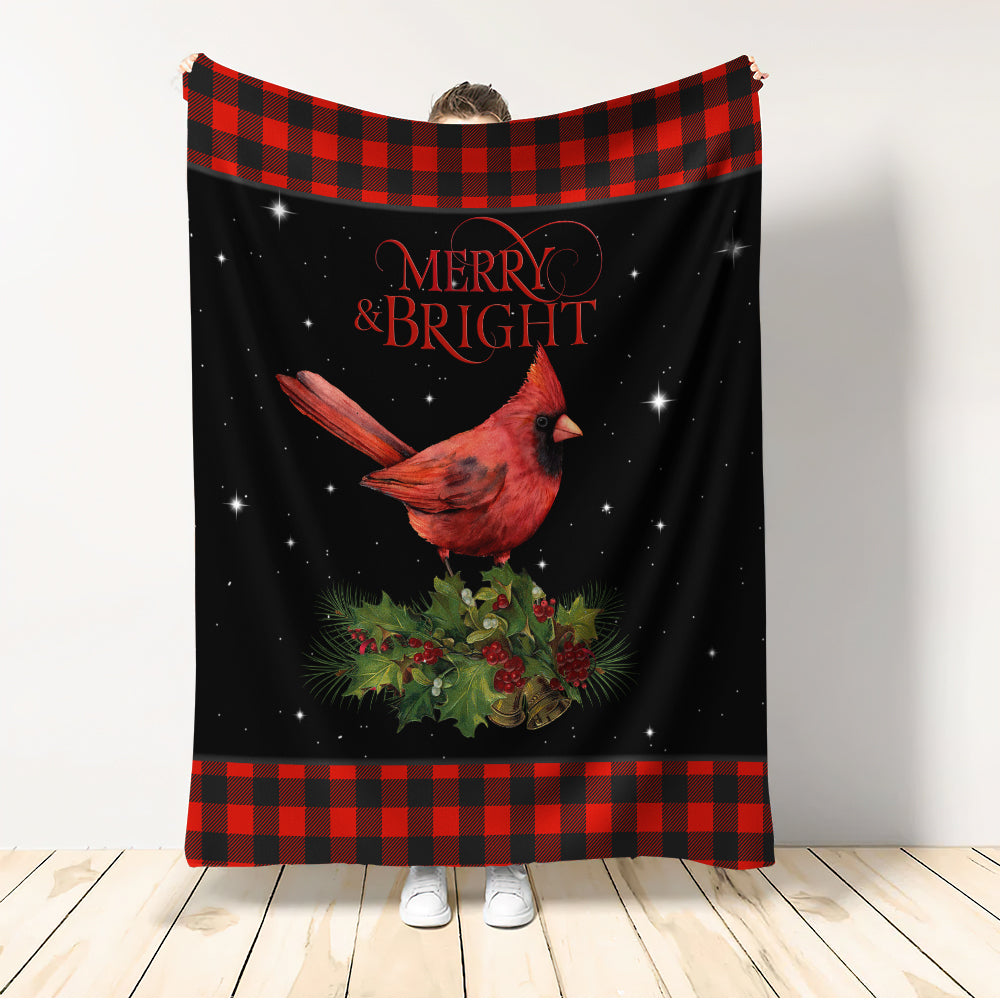 Cardinal Tartan Christmas Merry And Bright Flannel Blanket For Cozy Bedroom Sofa Decor