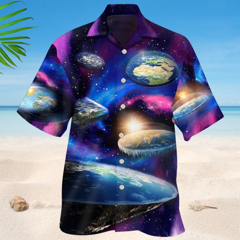 Galaxy Flat Earth Hawaiian Shirt For Summer Vacation, Beach Travel, And Casual Wear