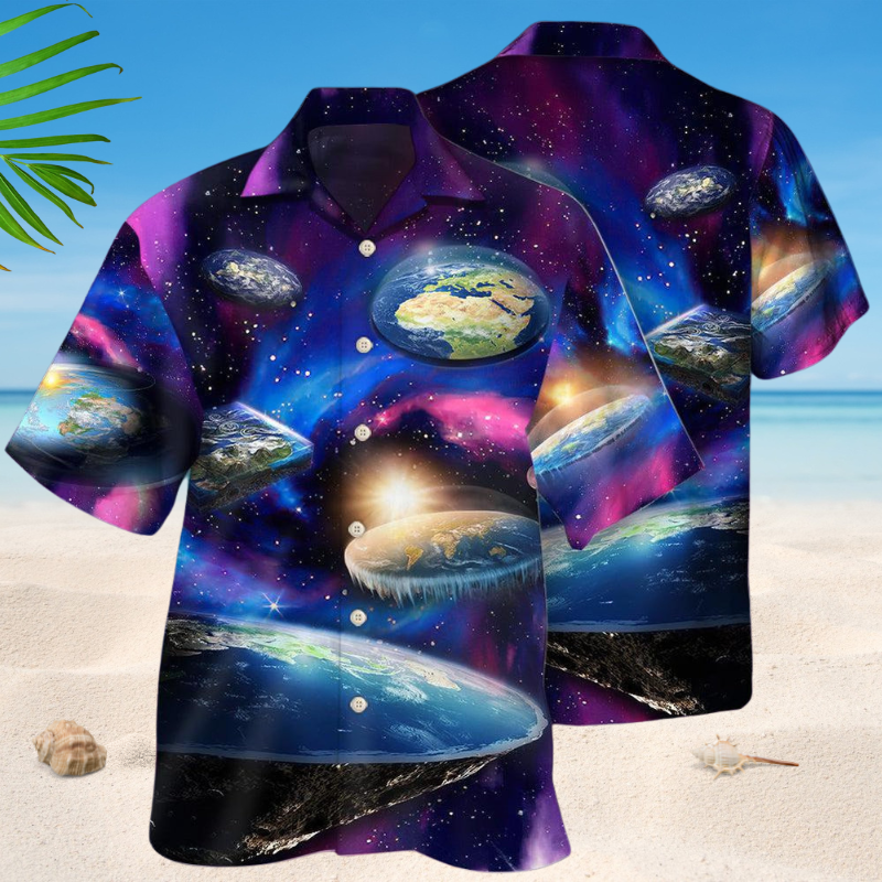 Galaxy Flat Earth Hawaiian Shirt For Summer Vacation, Beach Travel, And Casual Wear