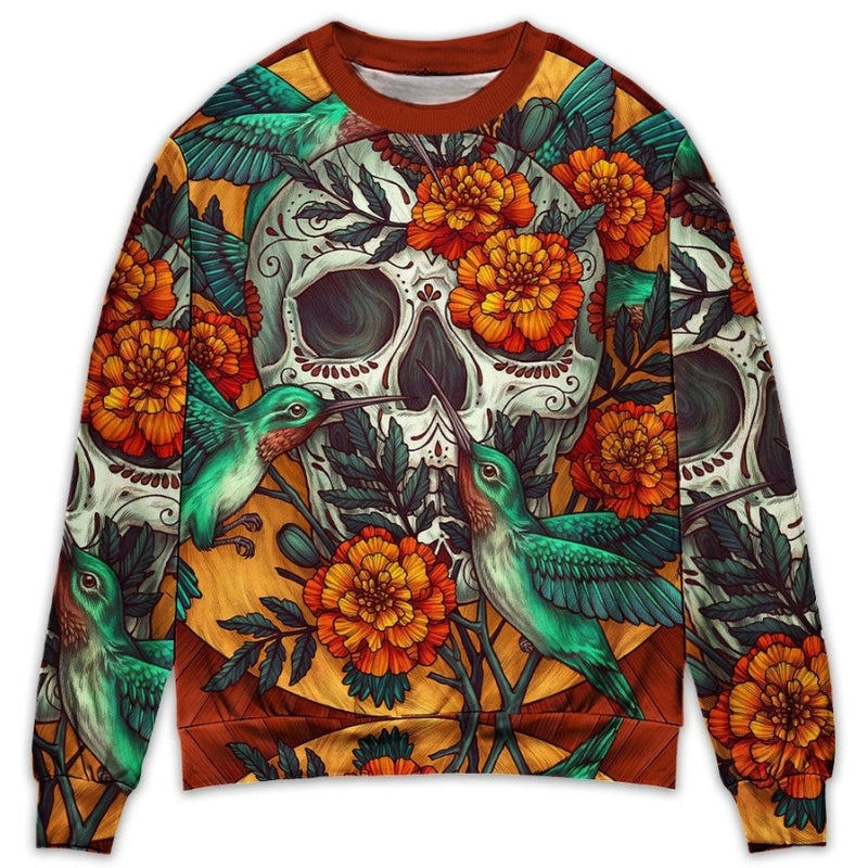 Floral Skull With Hummingbird Sweater For Casual Wear Parties And Thoughtful Gifting