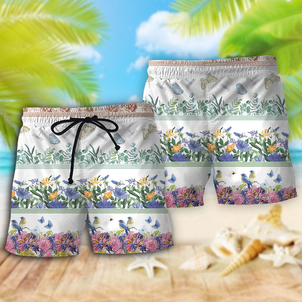 Floral Bird And Butterfly Nature Beach Shorts Graphic Detail For Resort Trips And Casual Outings