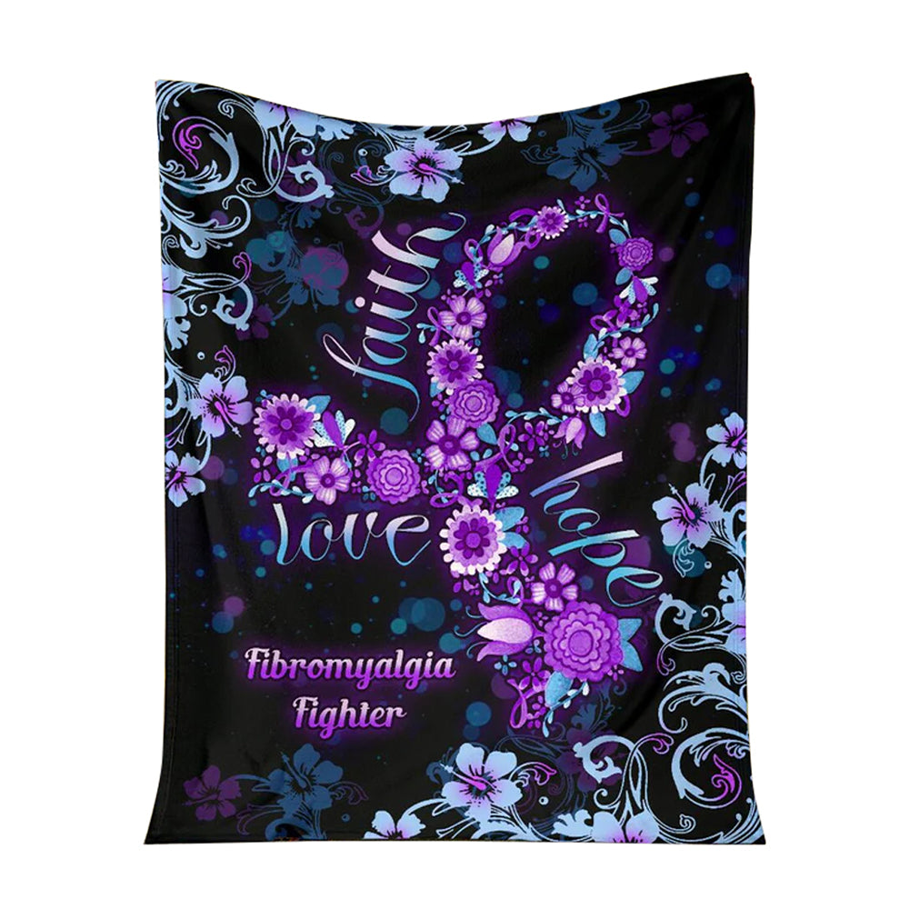 Flower Faith Hope Love Fibromyalgia Awareness Flannel Blanket For Cozy Bedroom Sofa Decor