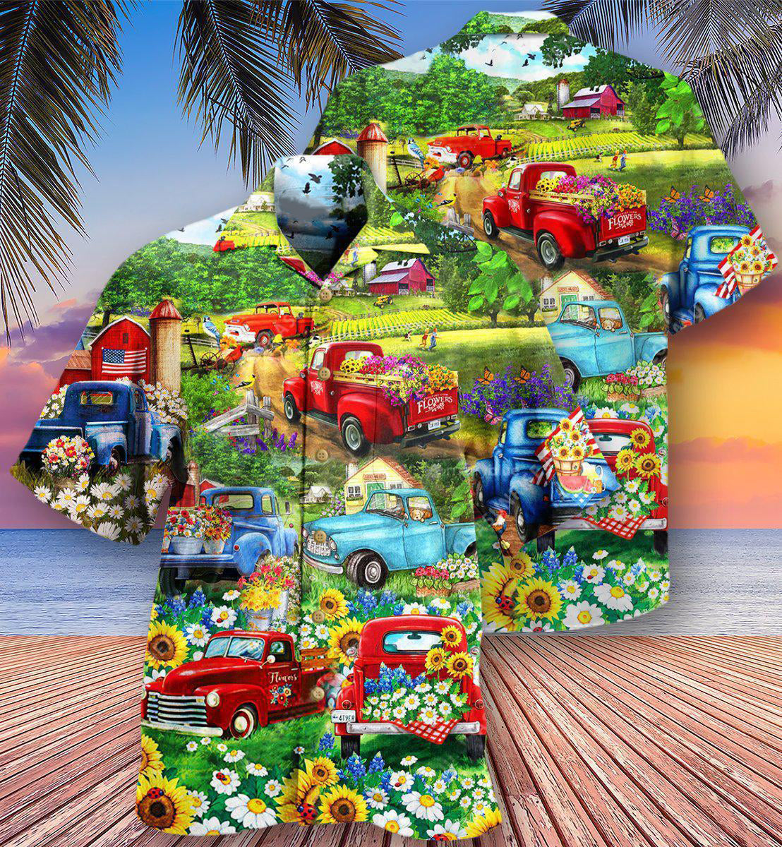Floral Truck Pickup Field Hawaiian Shirt Design View For Casual Summer Styling