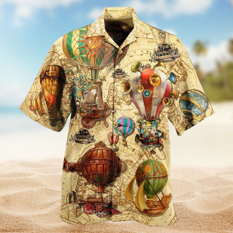Fly High Fly Far Steampunk Air Balloon Hawaiian Shirt For Summer Vacation Beach Travel And Relaxed Casual Wear