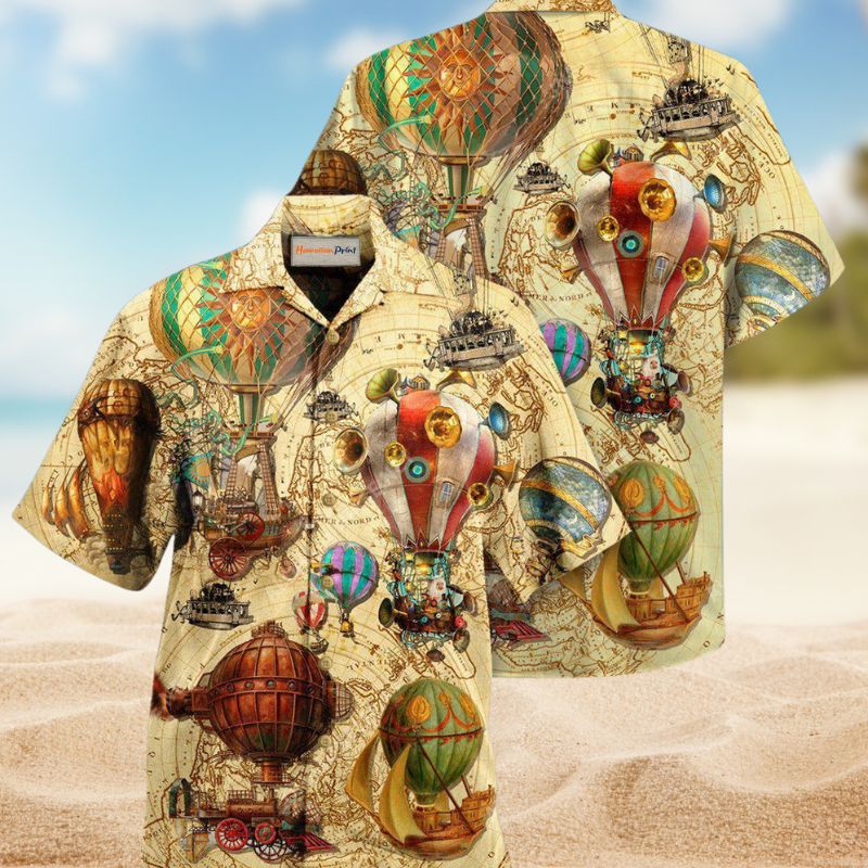 Fly High Fly Far Steampunk Air Balloon Hawaiian Shirt For Summer Vacation Beach Travel And Relaxed Casual Wear