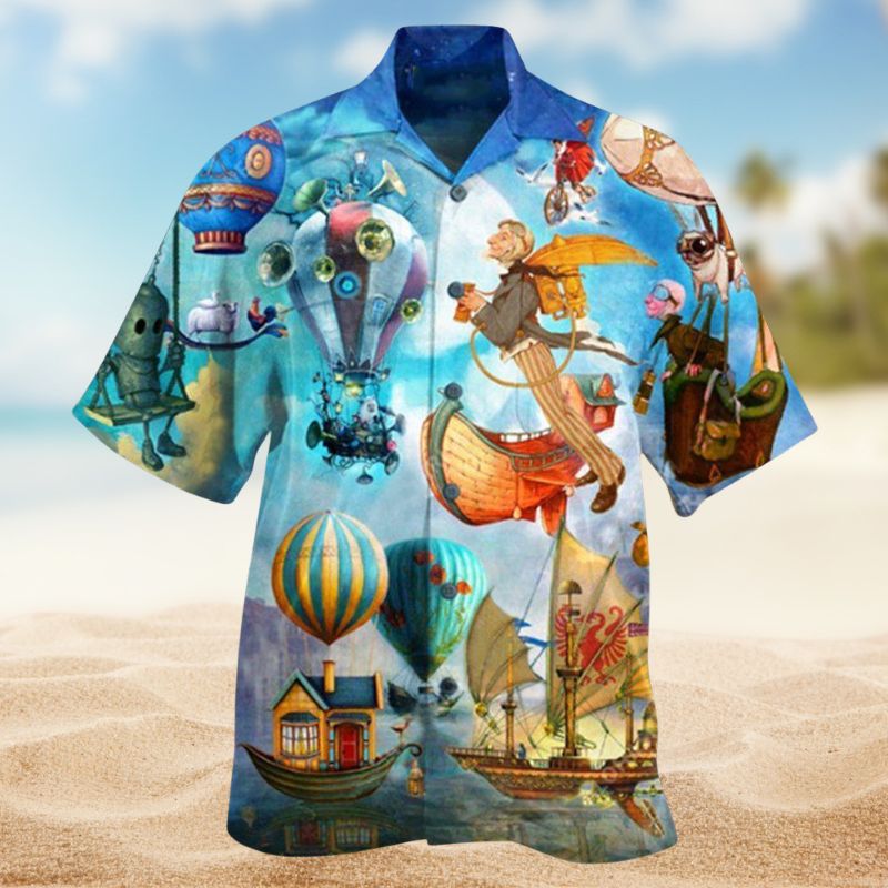 Flying Steampunk Air Balloon World Hawaiian Shirt For Summer Vacation Beach Travel And Relaxed Casual Wear