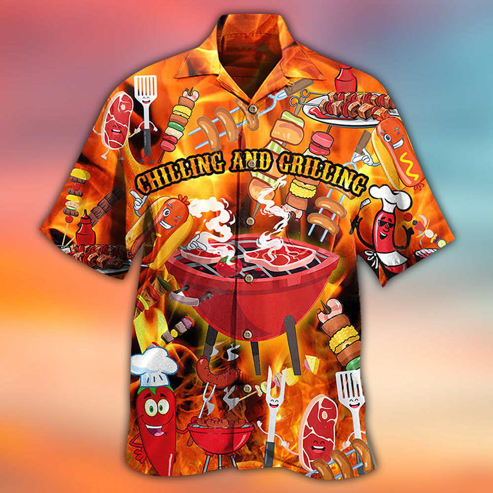 Food Hot Chilling Grilling BBQ Party Hawaiian Shirt Artwork Detail For Tropical Trips And Casual Outings