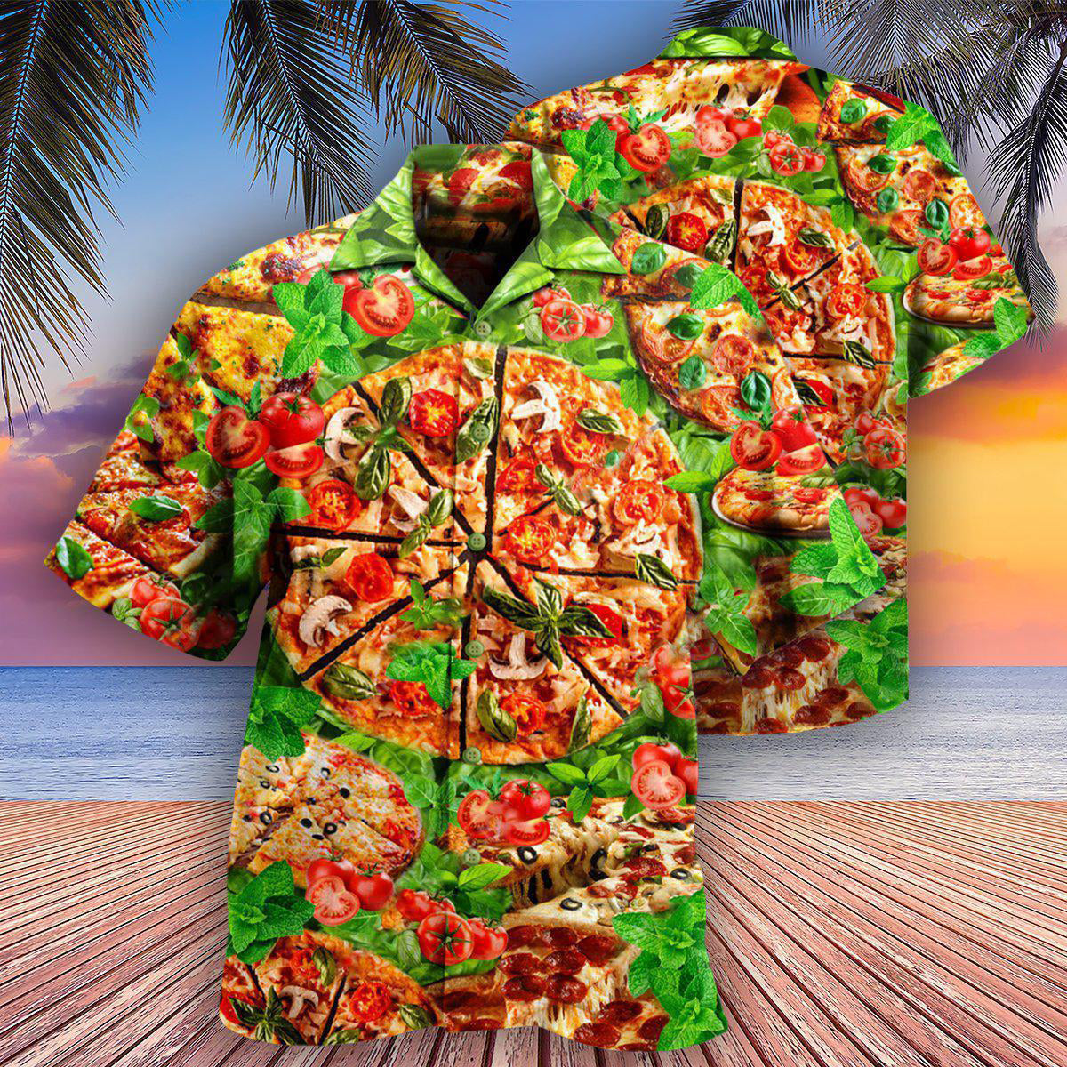 Food Delicious Pizza First Bite Hawaiian Shirt Pattern View For Lightweight Everyday Style