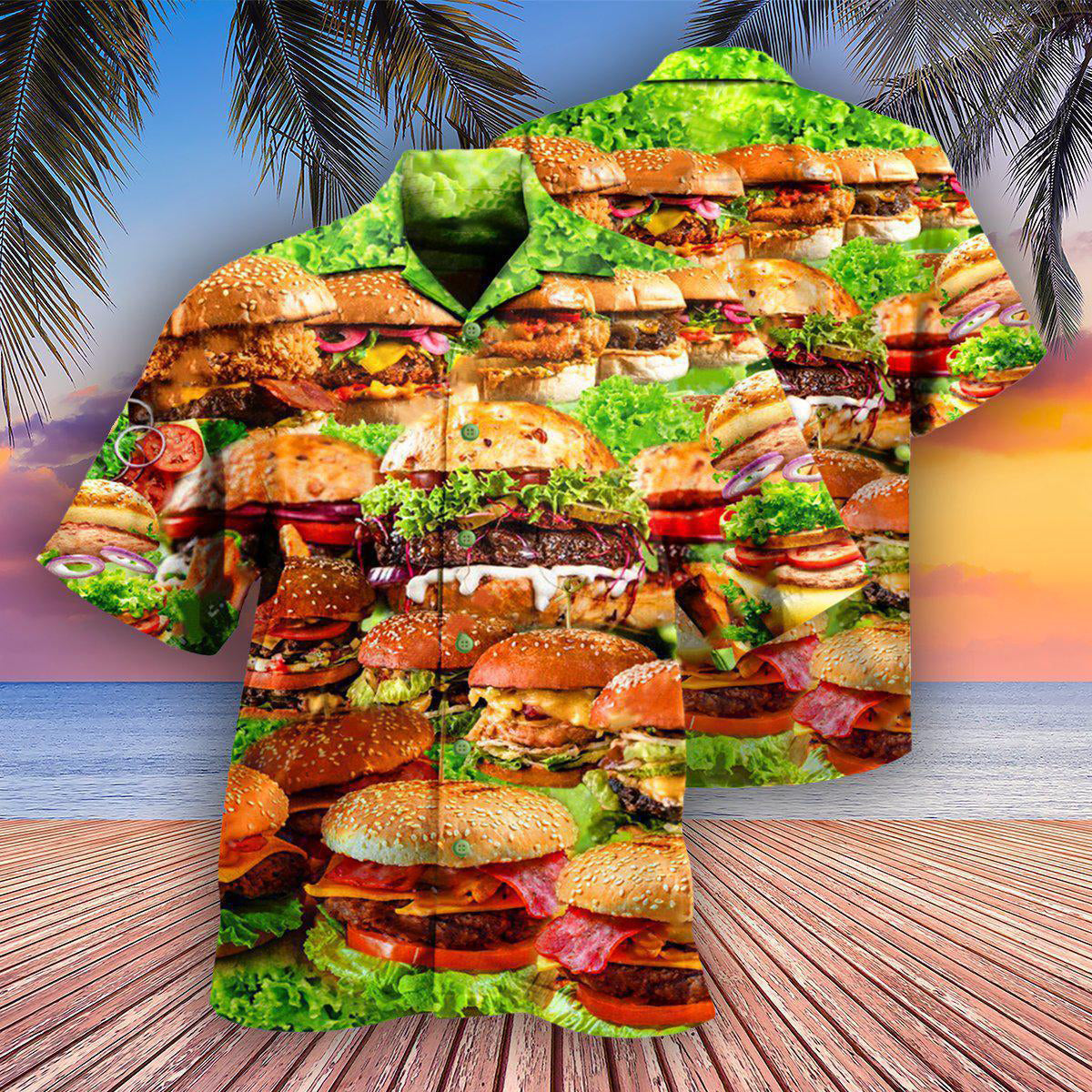 Food Good Mood Delicious Hamburger Hawaiian Shirt Pattern Detail For Vacation Travel And Daily Wear