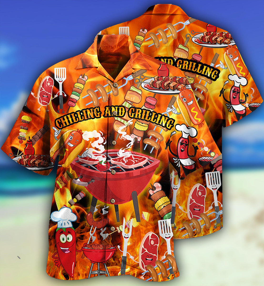 Food Hot Chilling Grilling BBQ Party Hawaiian Shirt Pattern View For Lightweight Everyday Style