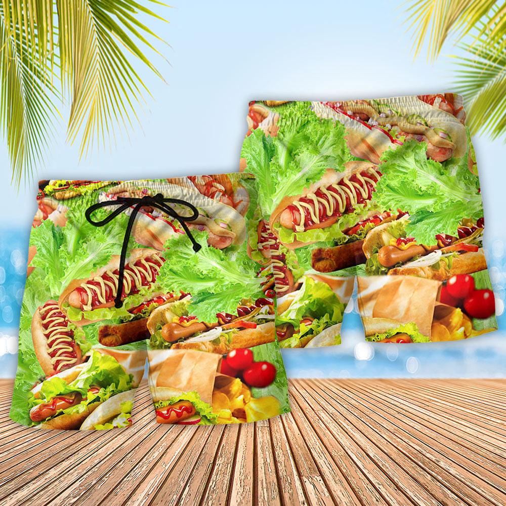 Funny Hot Dog Party Quote Beach Shorts Artwork Detail For Tropical Travel And Everyday Wear
