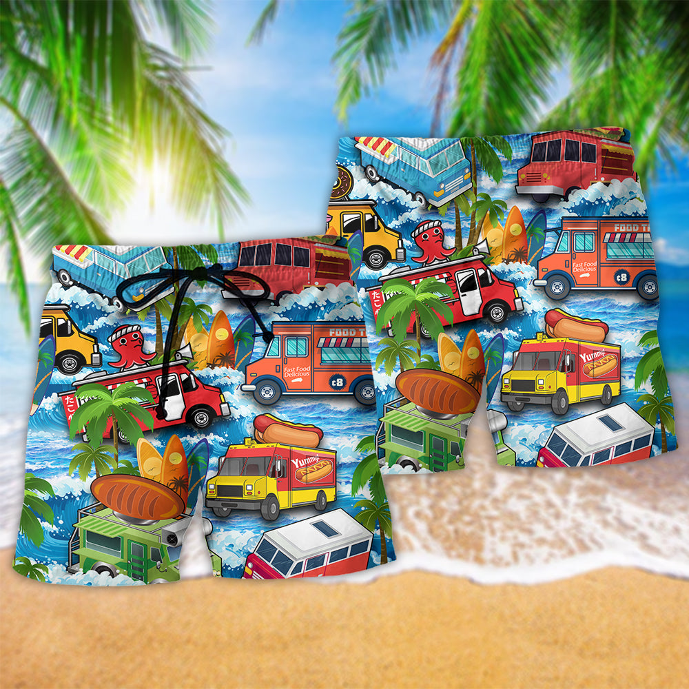 Food Truck Summer Beach Shorts Pattern Detail For Summer Adventures And Weekend Casual Style
