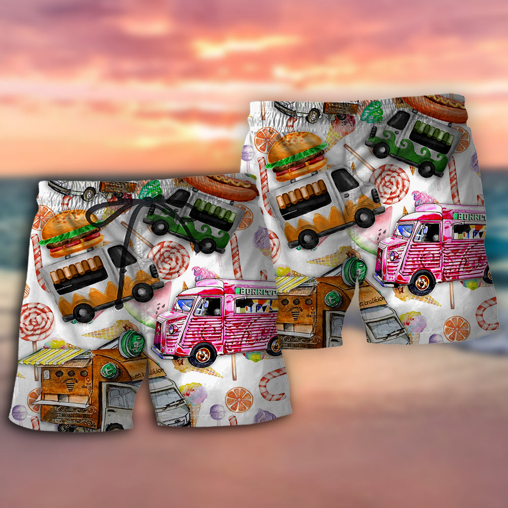 Food Truck Lifestyle Street Food Fun Beach Shorts Artwork Detail For Tropical Travel And Everyday Wear