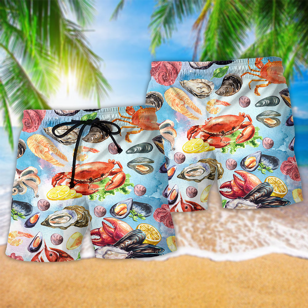 Colorful Seafood Beach Shorts Pattern Detail For Cruise Vacations And Easy Warm Weather Wear