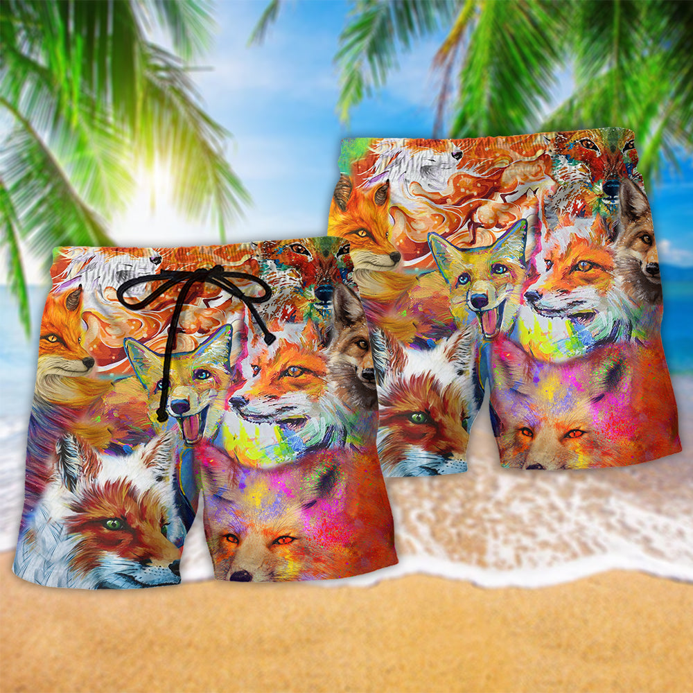Colorful Fox Painting Beach Shorts Pattern Detail For Poolside Fun And Leisure And Relaxation