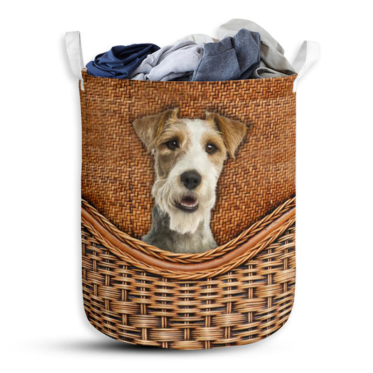 Fox Terrier Dog Rattan Texture Laundry Basket For Bathroom Bedroom Storage