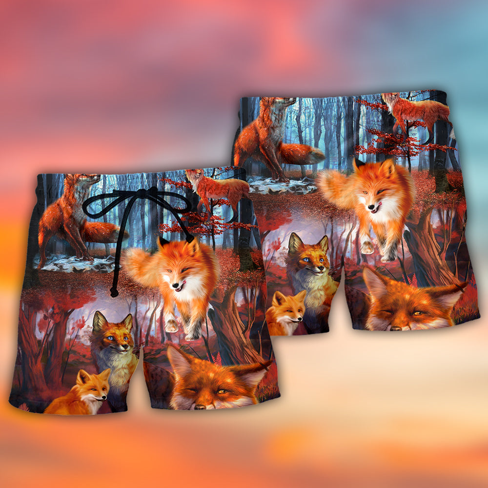 Fox Red Forest Beach Shorts Pattern View For Weekend Trips And Outdoor Activities