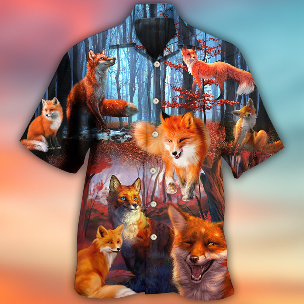 Red Fox Beautiful Forest Hawaiian Shirt Pattern View For Relaxed Warm Weather Outfits