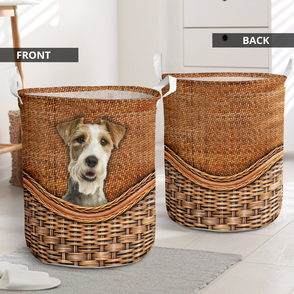 Fox Terrier Dog Rattan Texture Laundry Basket For Room Home Organizer