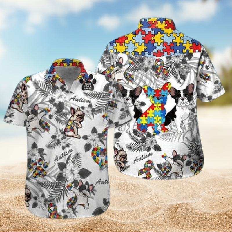 French Bulldog Autism Awareness Hawaiian Shirt For Island Getaway And Coastal Casual Wear