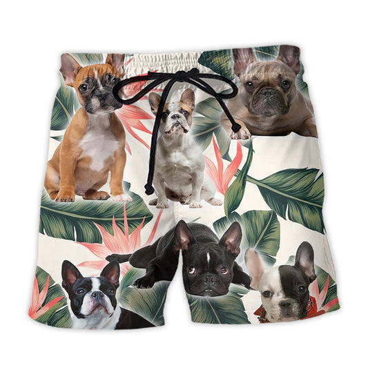 Tropical Leaf French Bulldog Beach Shorts For Poolside Relaxation And Versatile Outdoor Wear