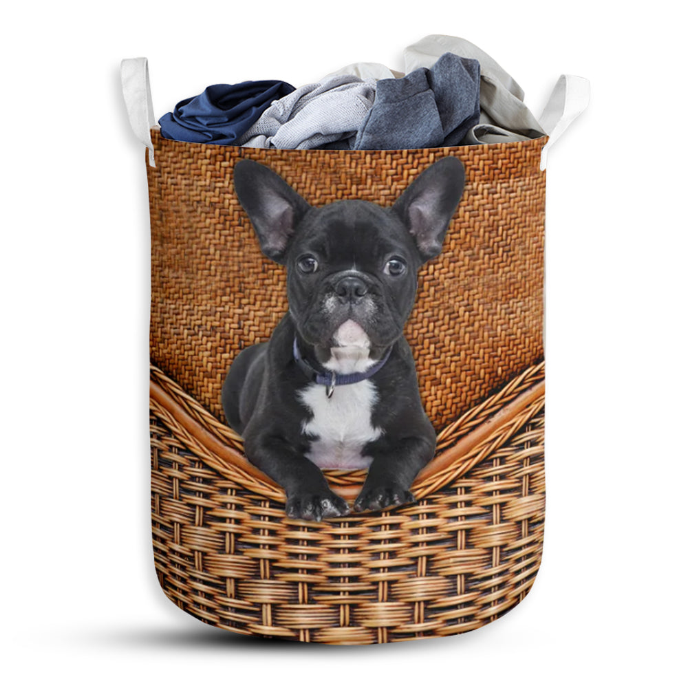 French Bulldog Rattan Texture Laundry Basket For Bathroom Bedroom Storage