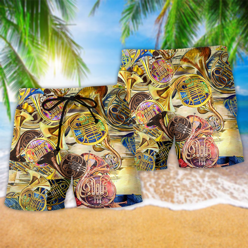 French Horn Music Beach Shorts Pattern Detail For Everyday Outings And Bright Summer Outfits