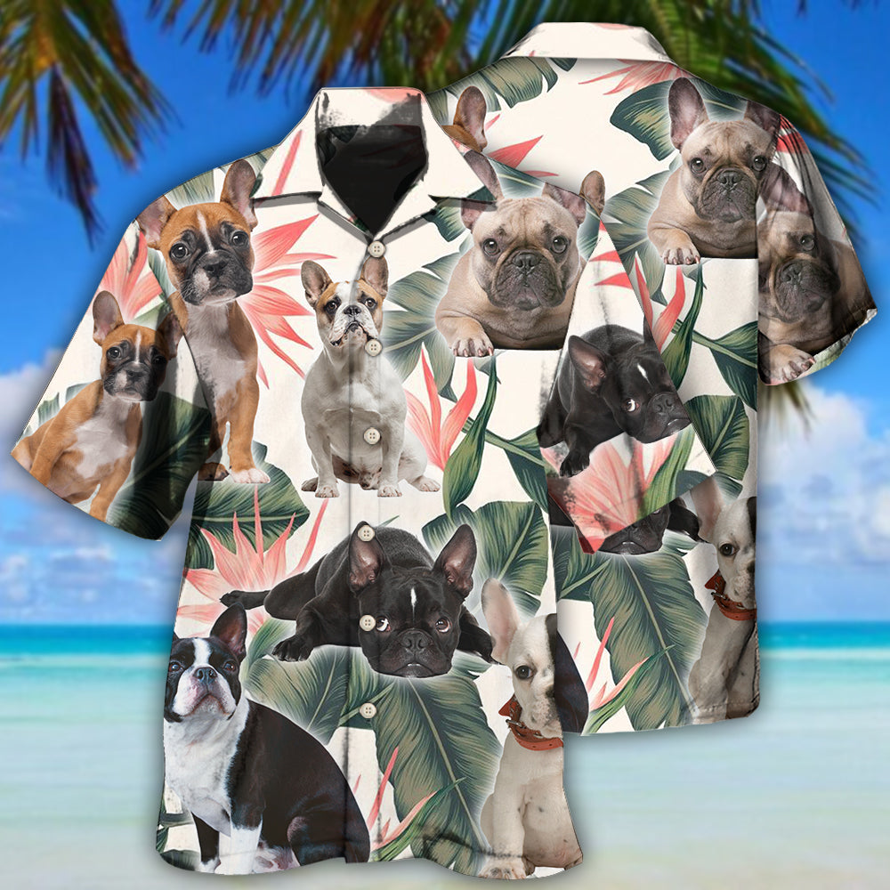 Tropical French Bulldog Leaf Pattern Hawaiian Shirt For Tropical Holidays, Resort Trips, And Relaxed Coastal Style
