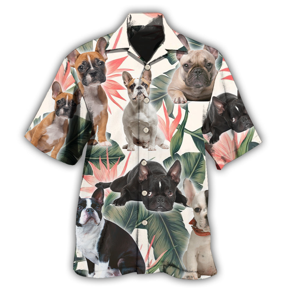 Tropical French Bulldog Leaf Pattern Hawaiian Shirt For Tropical Holidays, Resort Trips, And Relaxed Coastal Style