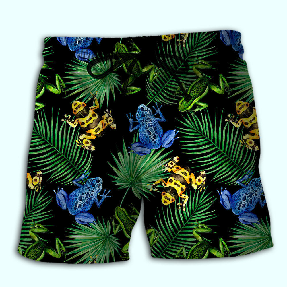 Frog Green Tropical Leaf Print Beach Shorts Design Detail For Resort And Beach Day Style