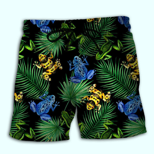 Frog Green Tropical Leaf Print Beach Shorts Design Detail For Resort And Beach Day Style