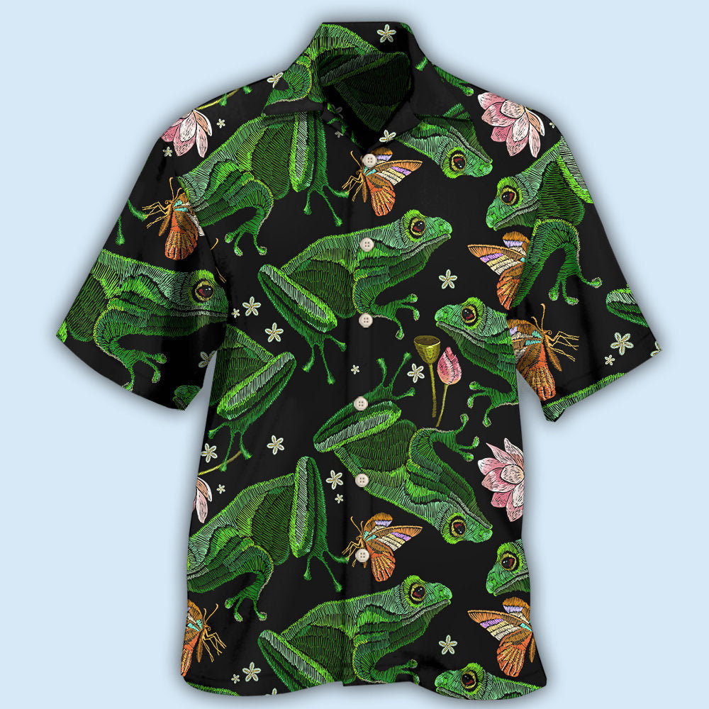 Black Green Frog Hawaiian Shirt With All Over Print For Tropical Getaways Outdoor Fun And Everyday Wear
