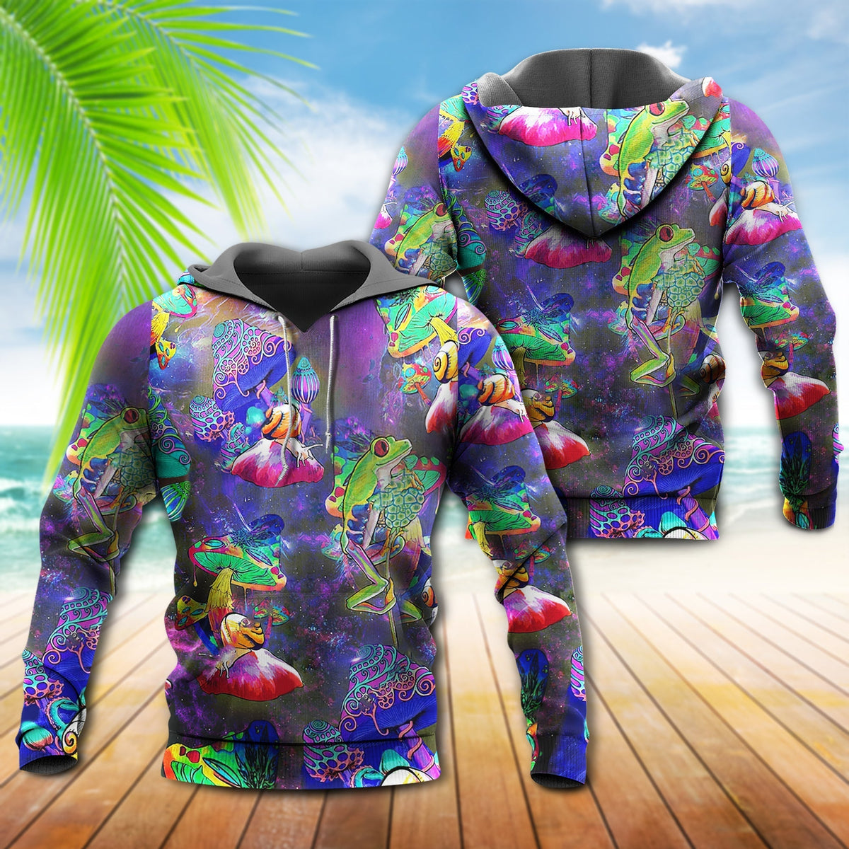 Colorful Frog Galaxy Mushroom Hoodie For Relaxed Streetwear Outdoor Gatherings And Travel
