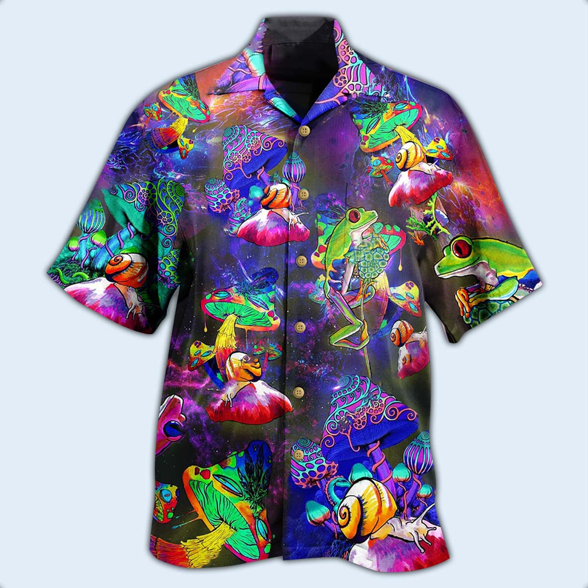 Frog Galaxy Mushroom Fantasy Hawaiian Shirt Artwork Detail For Resort Trips And Outdoor Activities