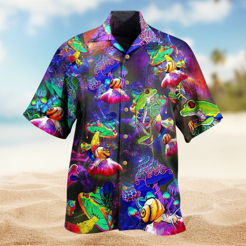 Colorful Galaxy Frog Mushroom Hawaiian Shirt For Resort Trips, Coastal Parties, And Warm Weather Style