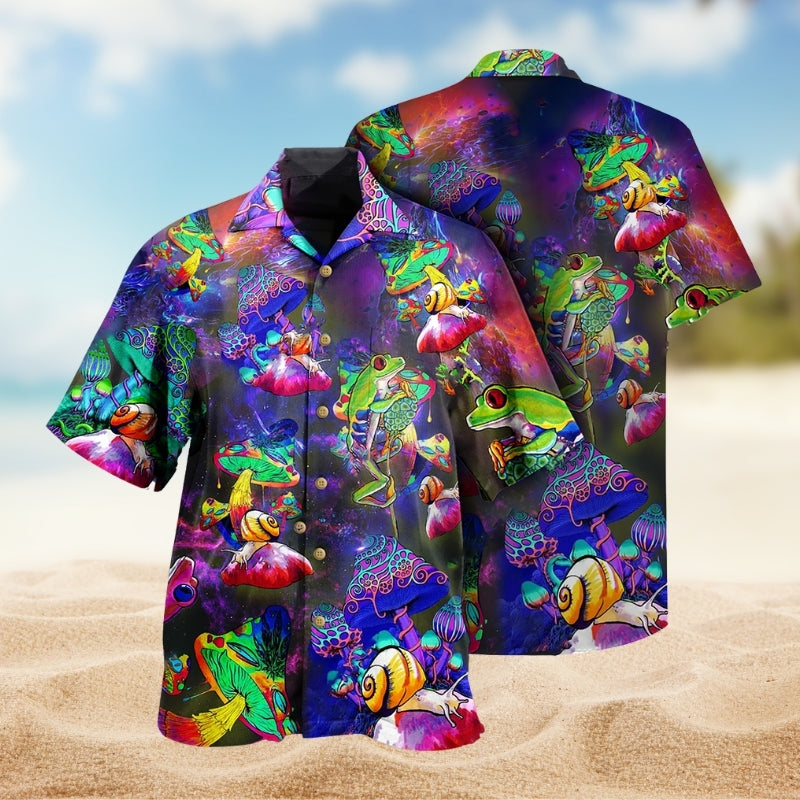 Colorful Galaxy Frog Mushroom Hawaiian Shirt For Resort Trips, Coastal Parties, And Warm Weather Style