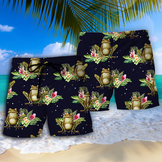 Cute Frog Tropical Floral Beach Shorts Pattern View For Coastal Holidays And Casual Activities