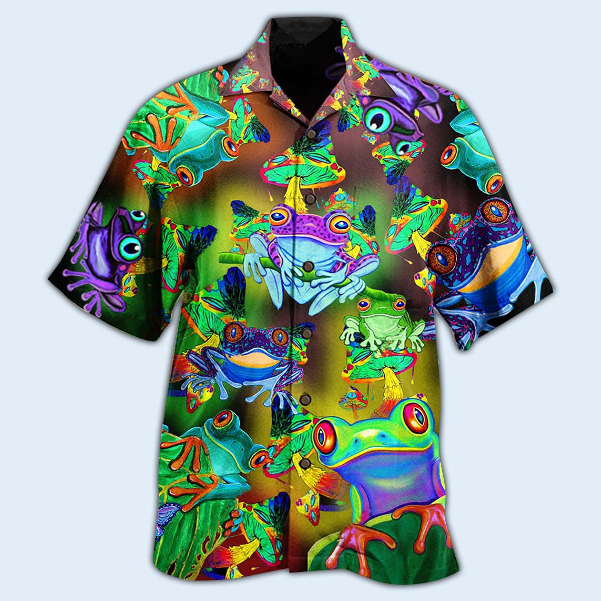 Funny Frog Mushrooms Hawaiian Shirt Artwork View For Weekend Travel And Beach Style