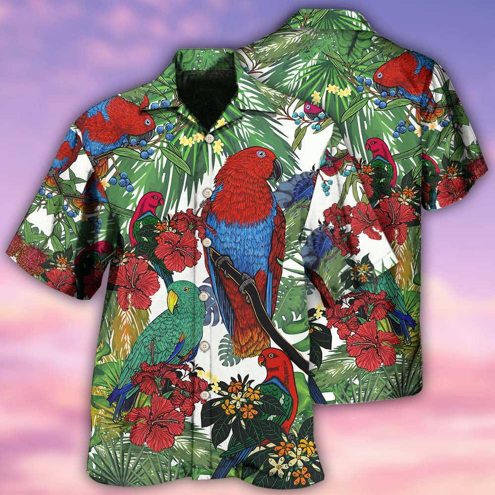 Red Green Parrot Hawaiian Shirt Design View For Casual Summer Styling