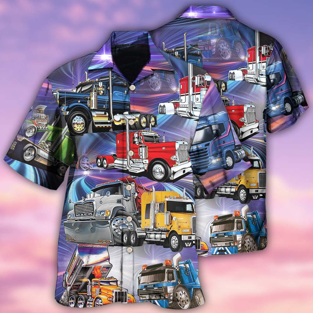 Purple Truck Hawaiian Shirt With Detailed Graphic For Vacation Parties Beach Outings And Relaxed Daily Wear