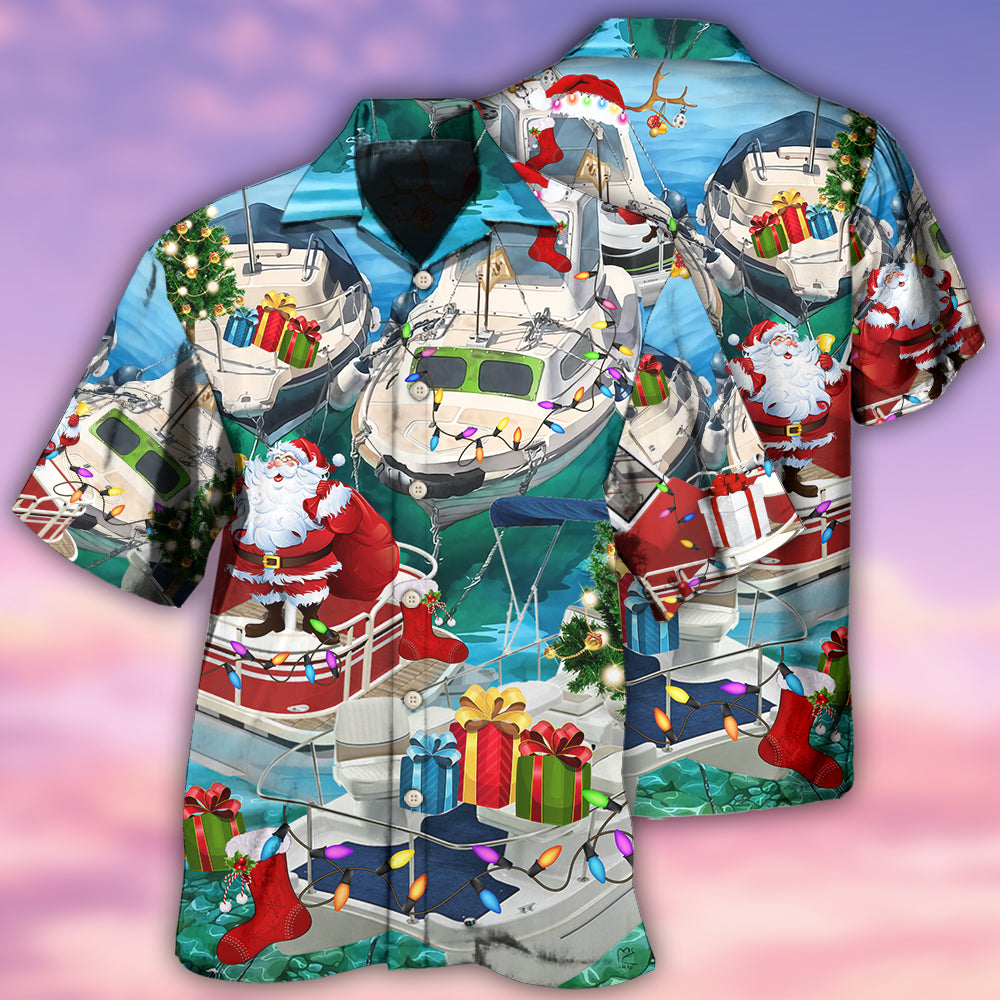 Christmas Pontoon Boat Hawaiian Shirt With All Over Print For Tropical Travel Beach Gatherings And Comfortable Wear