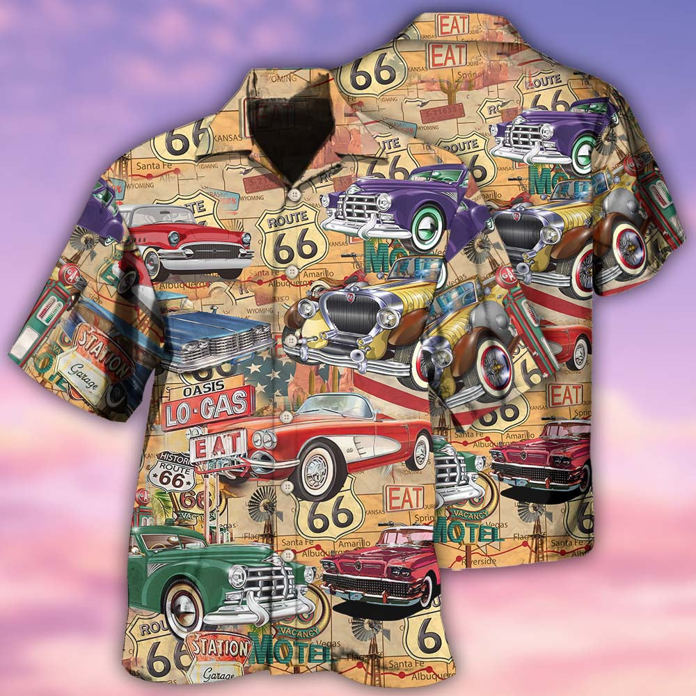 Vintage Historic Highway Car Hawaiian Shirt With Detailed Graphic For Summer Events Coastal Travel And Comfortable Styling