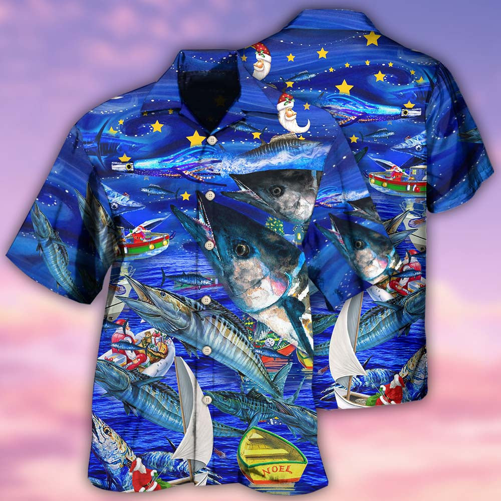 Blue Fishing Ocean Christmas Hawaiian Shirt Artwork Detail For Resort Trips And Outdoor Activities