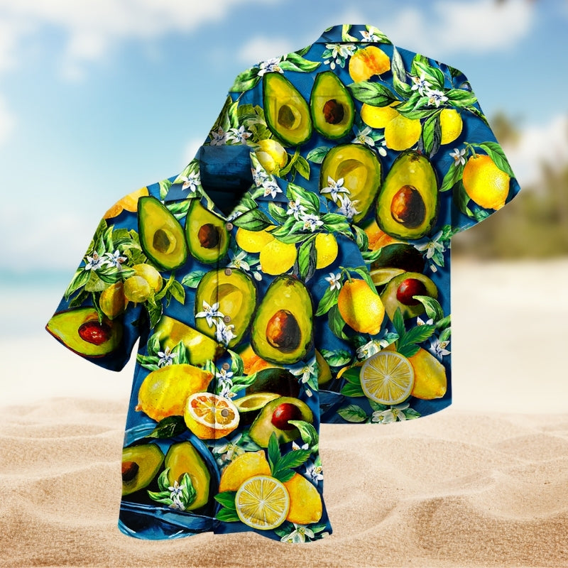 Summer Fruit Avocado Lemon Hawaiian Shirt For Summer Vacation, Beach Travel, And Casual Wear