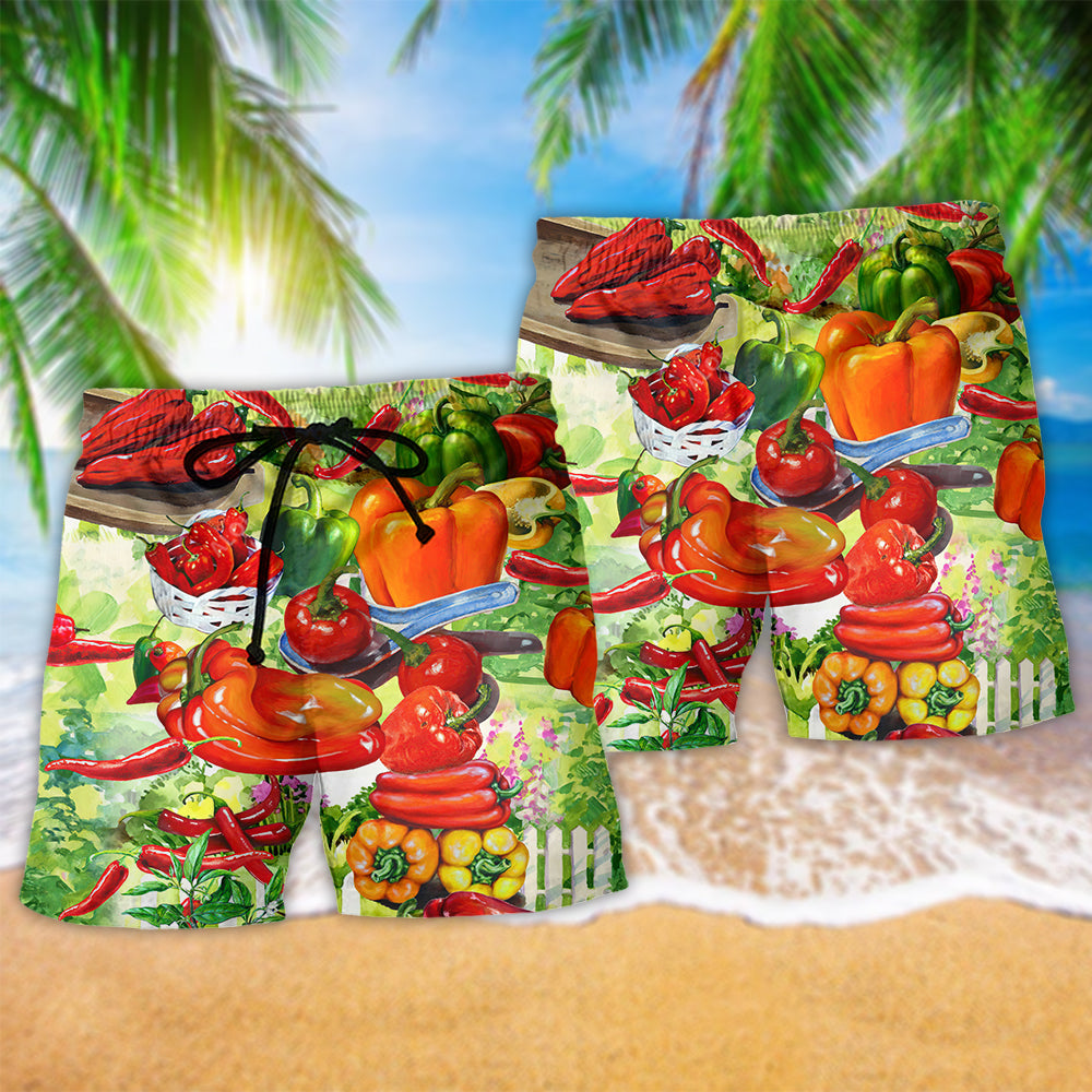 Bell Pepper Chili Food Beach Shorts Pattern Detail For Leisure Travel And Vacation Ready Style
