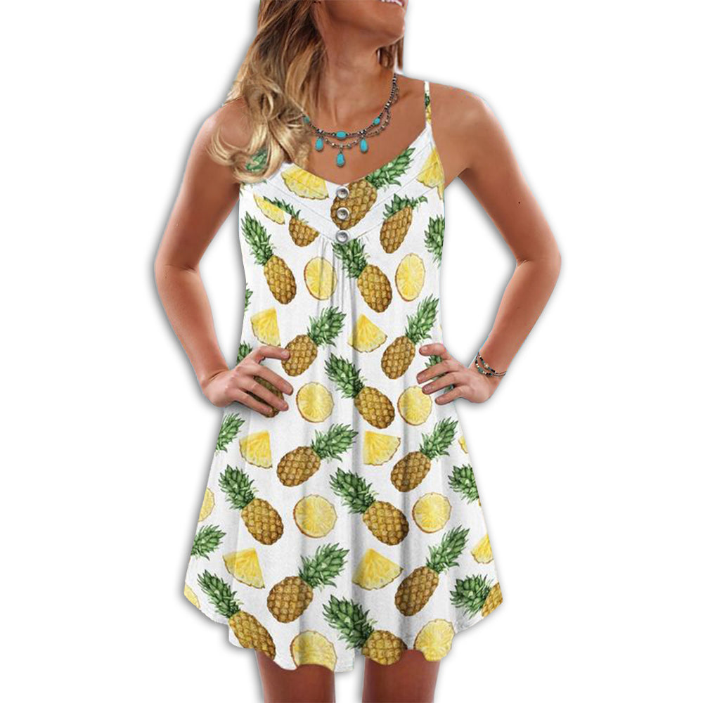Fruit Pineapple Tropical Love V-Neck Sleeveless Cami Dress For Tropical Parties And Casual Everyday Style