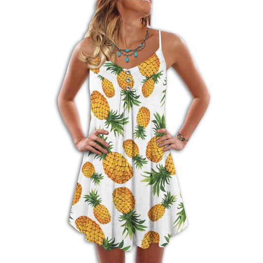 Fruit Pineapple Tropical Lover V-Neck Sleeveless Cami Dress For Beach Festivals And Comfortable Summer Outfits