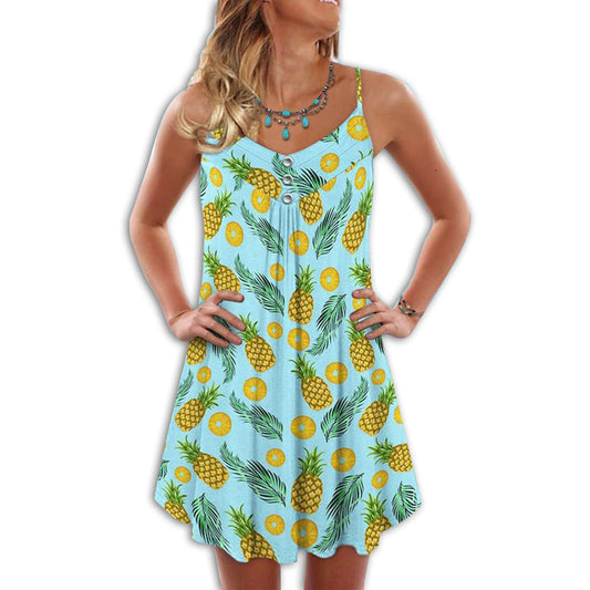 Fruit Pineapple Tropical Fresh V-Neck Sleeveless Cami Dress For Beach Festivals And Comfortable Summer Outfits
