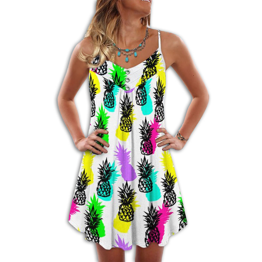 Fruit Pineapple Tropical Colorful V-Neck Sleeveless Cami Dress For Ocean Lovers And Sunny Getaways